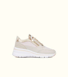 Keys K-10603 sneakers donna in pelle e tessuto beige/gold