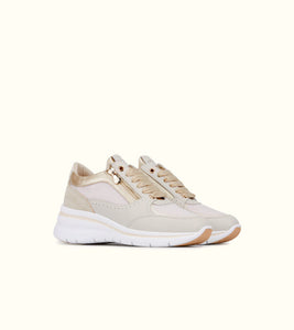 Keys K-10603 sneakers donna in pelle e tessuto beige/gold