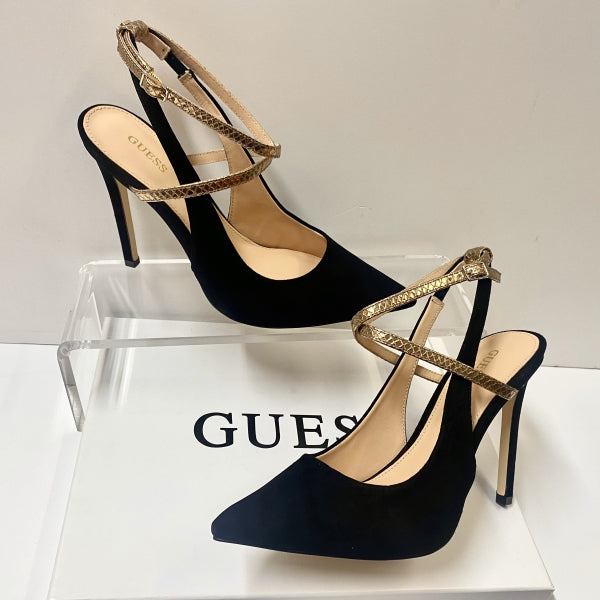 GUESS FL5AMZ SLINGBACK IN PELLE SCAMOSCIATA NERO CON CINTURINO DORATO