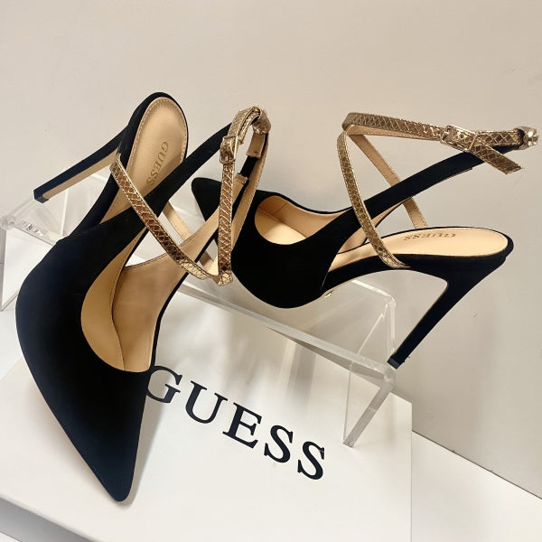 GUESS FL5AMZ SLINGBACK IN PELLE SCAMOSCIATA NERO CON CINTURINO DORATO